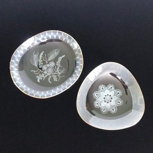 Two Vintage Clear Glass Floral Trinket Dishes With Gold Rims